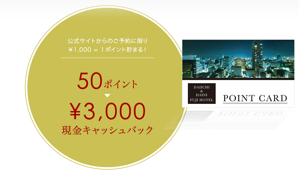 公式サイトからのご予約に限り￥1,000 = １ポイント貯まる！ 50ポイントで¥3,000 現金キャッシュバック